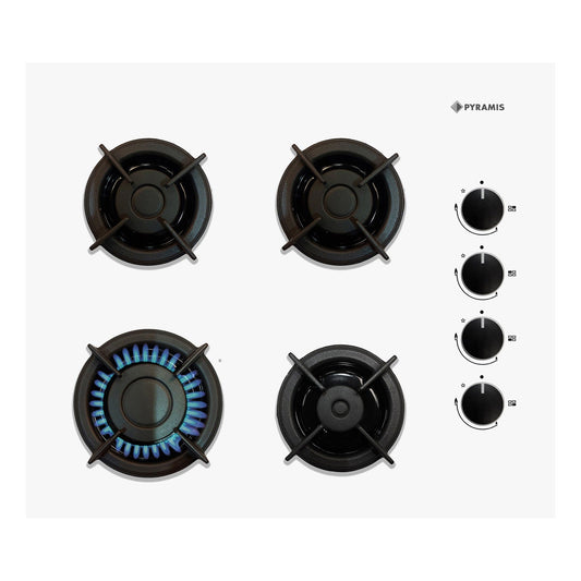 Plita pe gaz Pyramis 2120 White Glass, gratare individuale fonta, 60x51 cm - EpicHome.ro