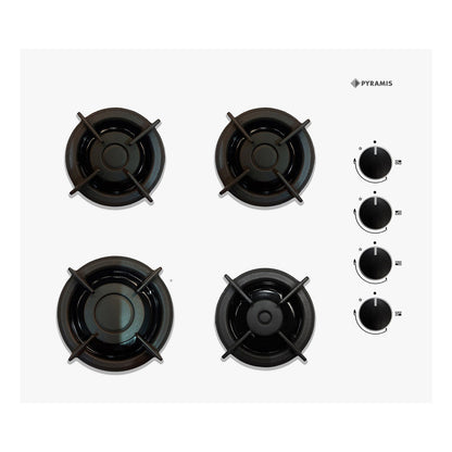 Plita pe gaz Pyramis 2120 White Glass, gratare individuale fonta, 60x51 cm - EpicHome.ro