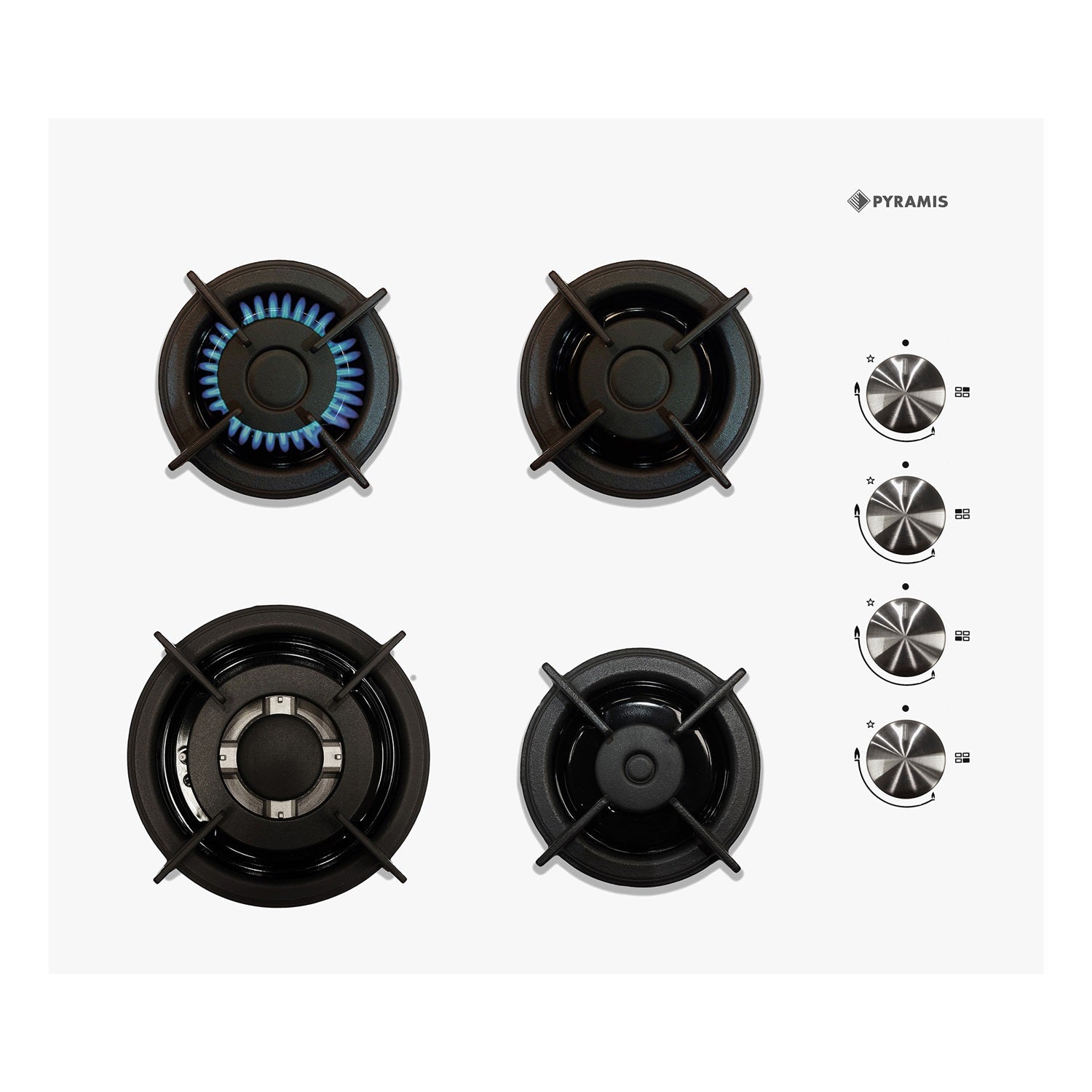 Plita pe gaz Pyramis 2121 White Glass, Wok, gratare individuale fonta, 60x51 cm - EpicHome.ro