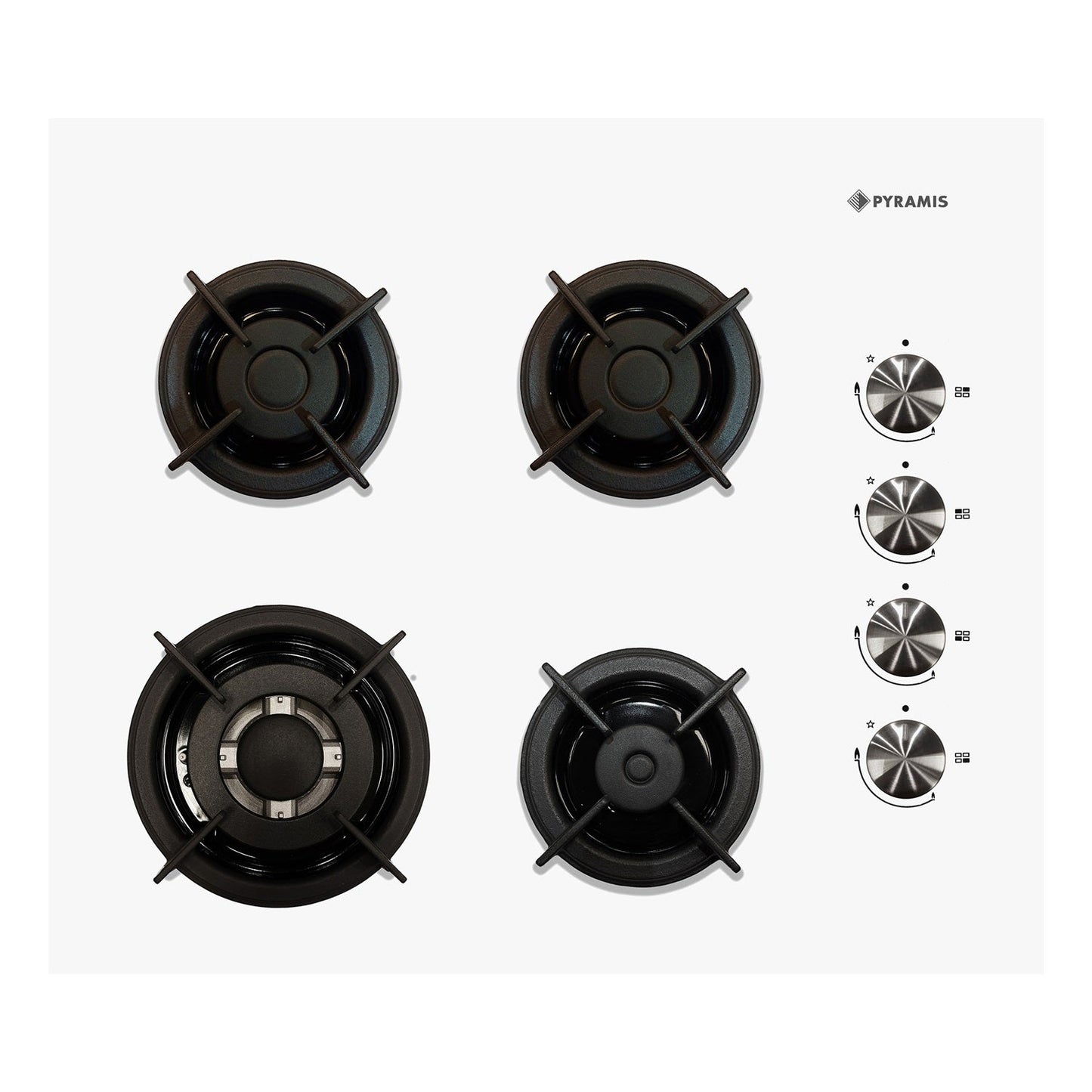 Plita pe gaz Pyramis 2121 White Glass, Wok, gratare individuale fonta, 60x51 cm - EpicHome.ro