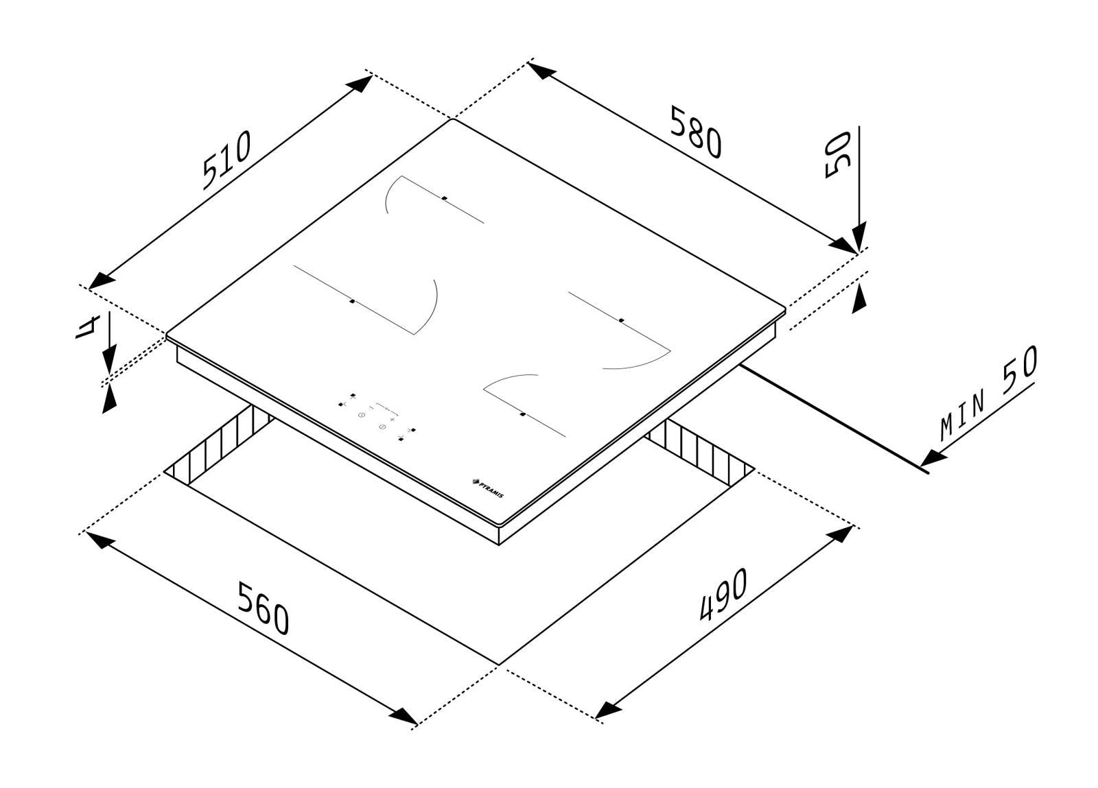 Plita vitroceramica Pyramis PHC61430FMB Black Glass, 4 zone de gatit, 9 trepte de putere, 58x51 cm - EpicHome.ro