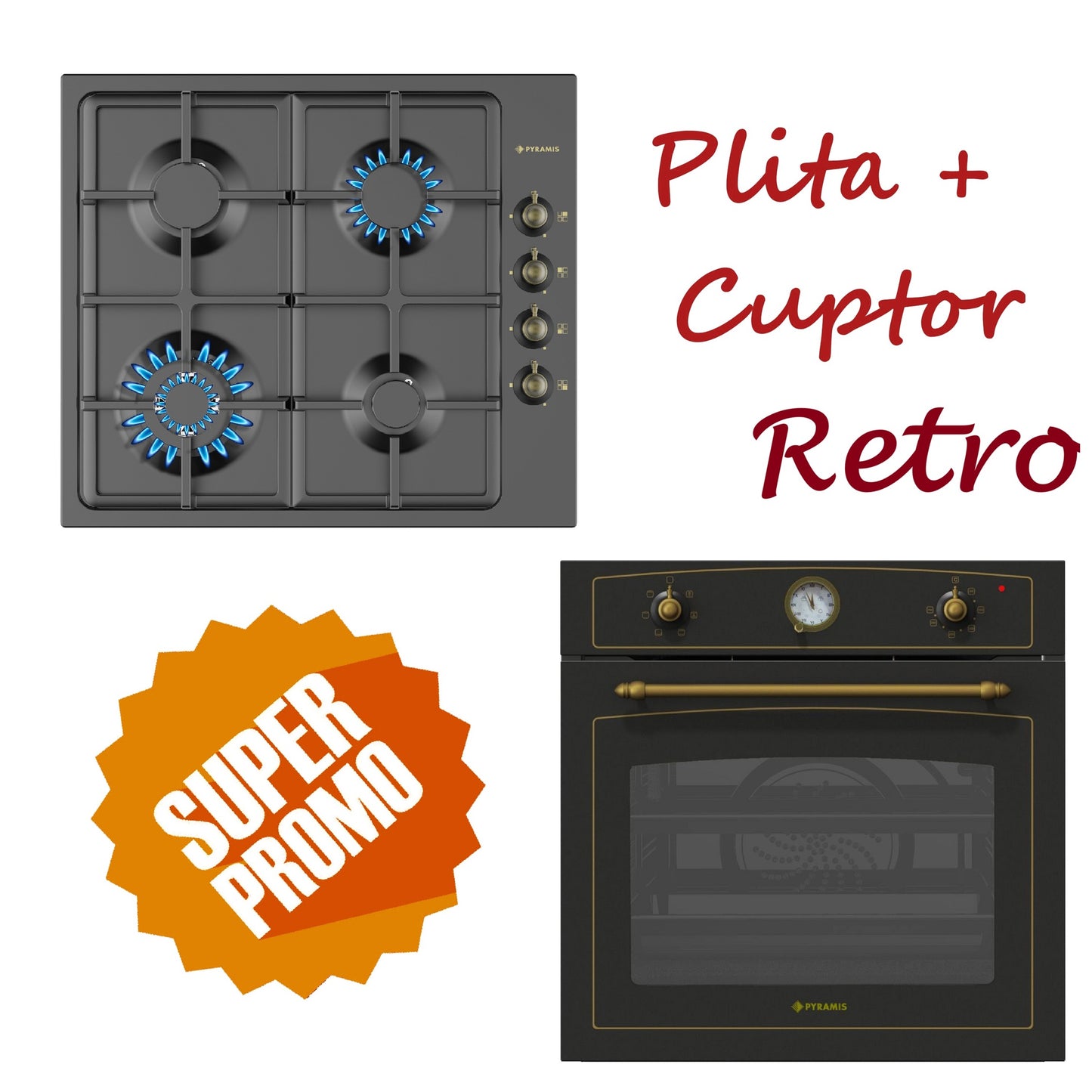 Set Rustic Pyramis 8070, cuptor electiric 6 functii, clasa A, volum 64 litri, ceas analog si plita gaz, wok, gratare fonta, finisaj antichizat