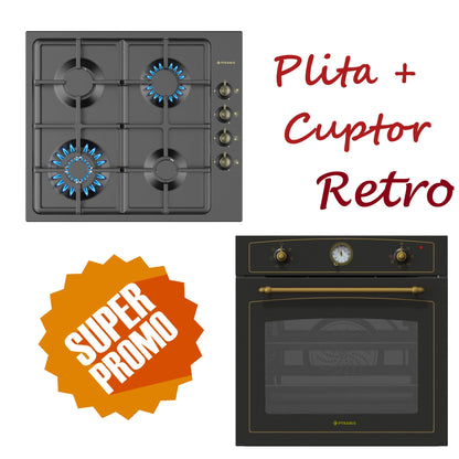 Set Rustic Pyramis 8070, cuptor electiric 6 functii, clasa A, volum 64 litri, ceas analog si plita gaz, wok, gratare fonta, finisaj antichizat