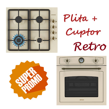 Set Rustic Pyramis 8070, cuptor electiric 6 functii, clasa A, volum 64 litri, ceas analog si plita gaz, wok, gratare fonta, finisaj antichizat