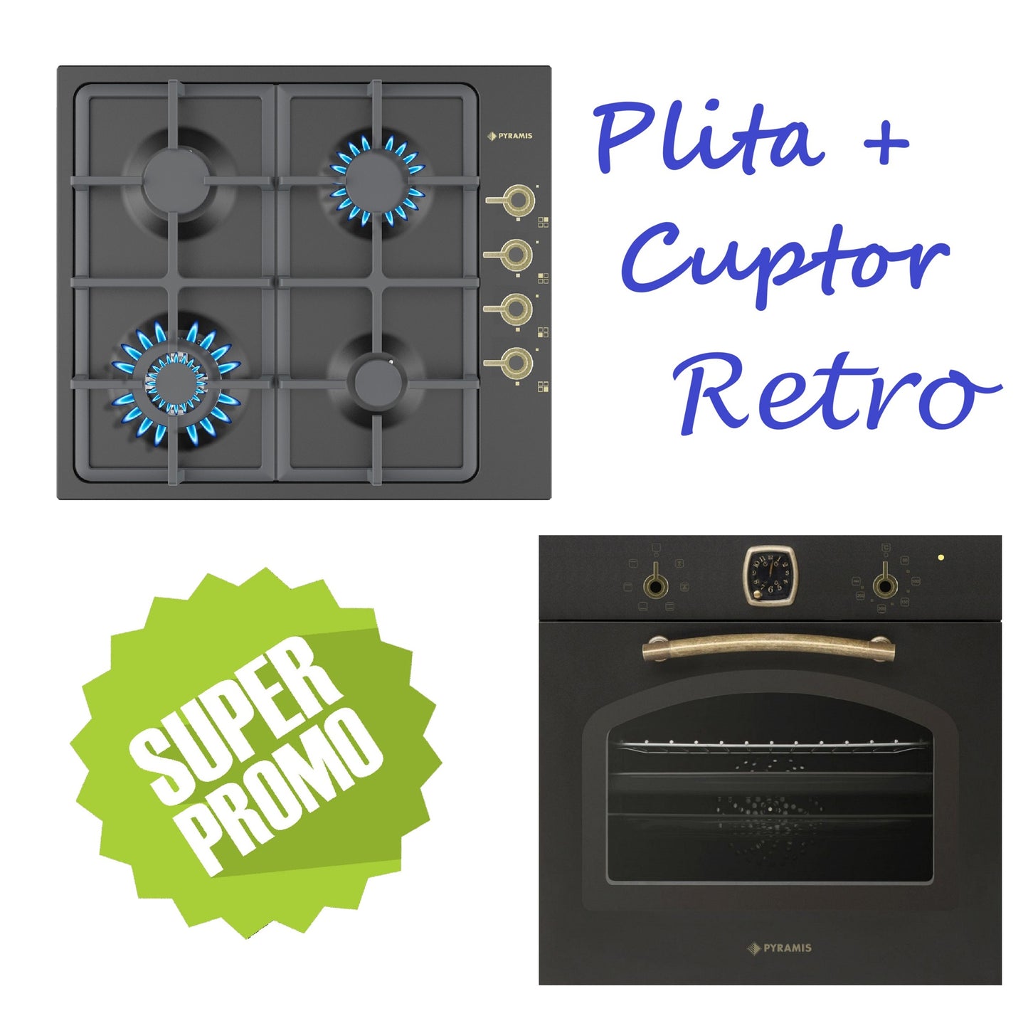 Set Rustic Pyramis 8071, cuptor electiric 6 functii, clasa A, volum 64 litri, ceas analog SQ si plita gaz, wok, gratare fonta, finisaj antichizat