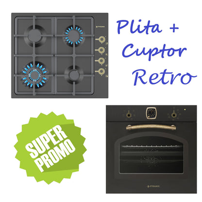 Set Rustic Pyramis 8071, cuptor electiric 6 functii, clasa A, volum 64 litri, ceas analog SQ si plita gaz, wok, gratare fonta, finisaj antichizat