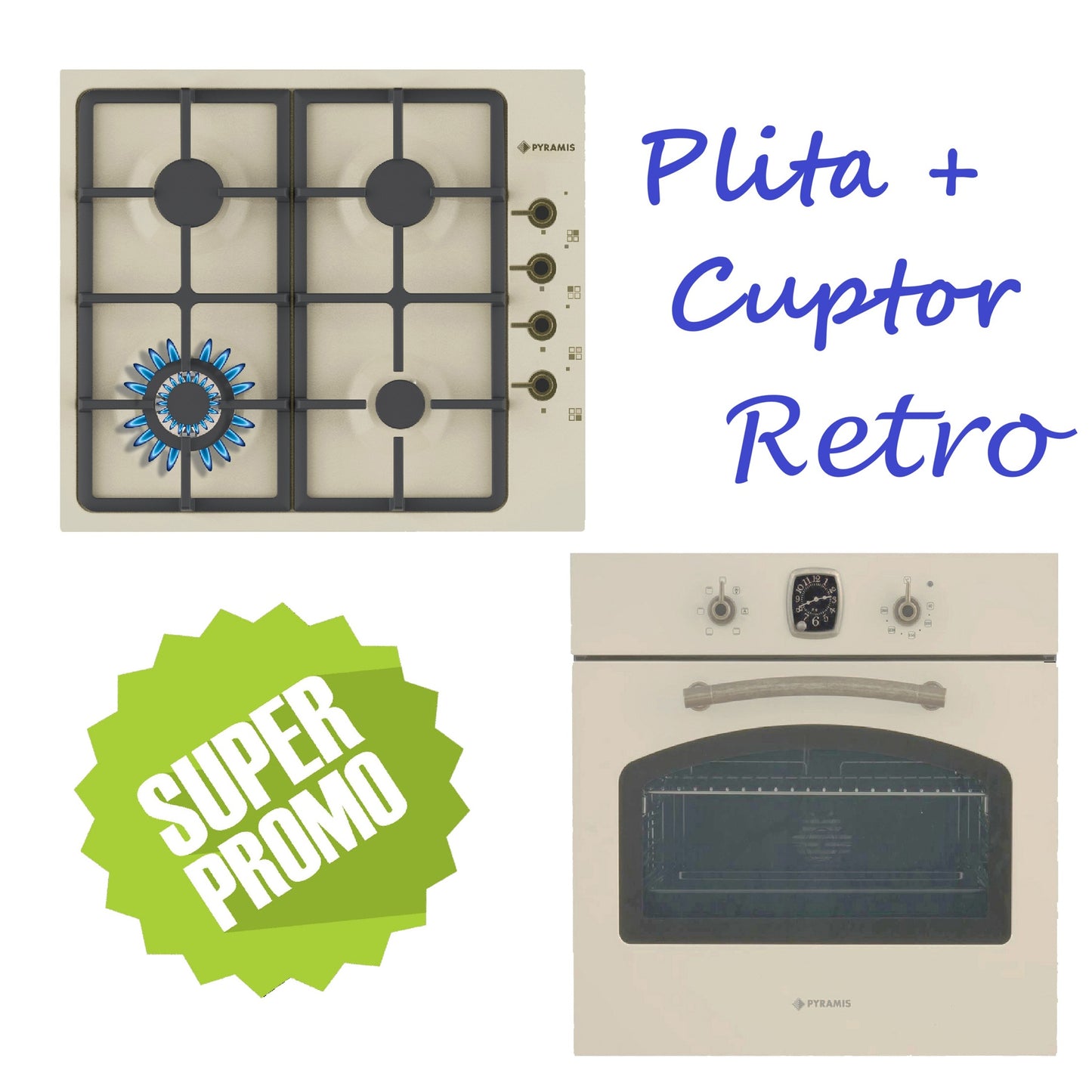 Set Rustic Pyramis 8071, cuptor electiric 6 functii, clasa A, volum 64 litri, ceas analog SQ si plita gaz, wok, gratare fonta, finisaj antichizat