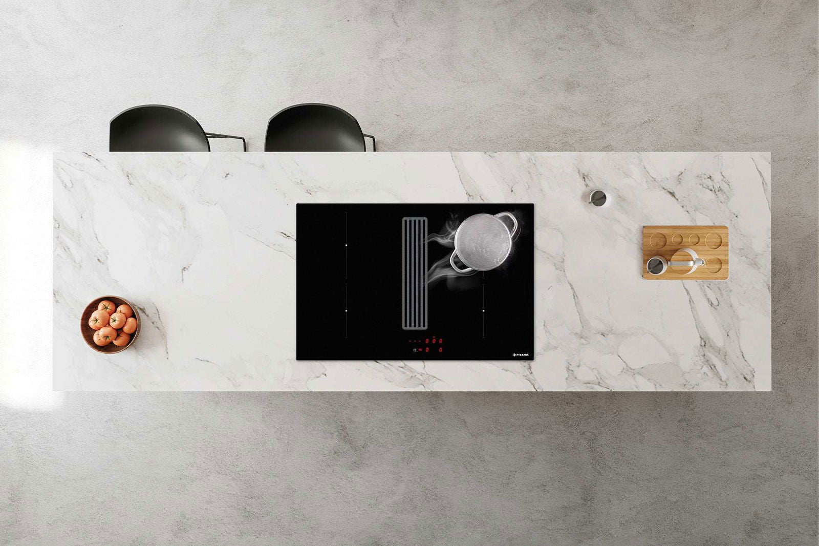 Ansamblu down air Pyramis ABYSSO, 580m³/h, Clasa A, plita inductie, 78cm, 4 zone de gatit, Power Management, Black Glass - EpicHome.ro