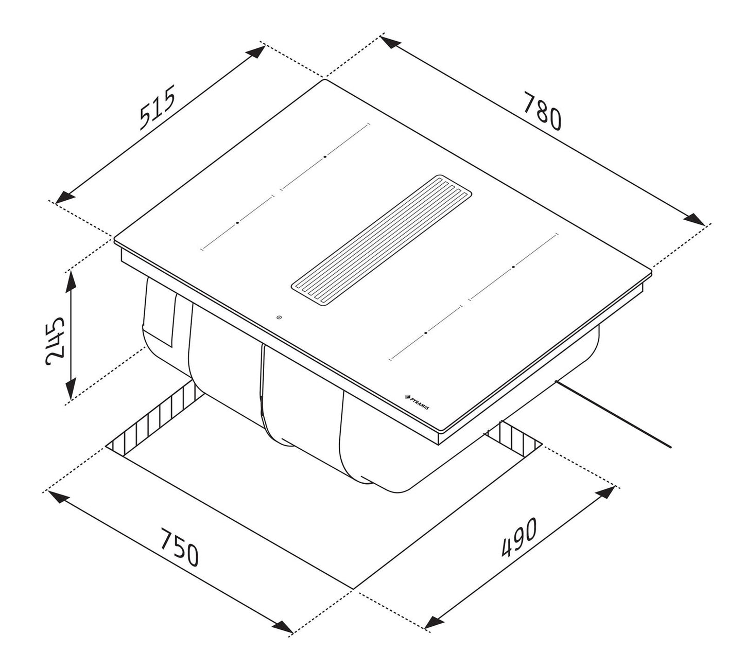 Ansamblu down air Pyramis ABYSSO, 580m³/h, Clasa A, plita inductie, 78cm, 4 zone de gatit, Power Management, Black Glass - EpicHome.ro