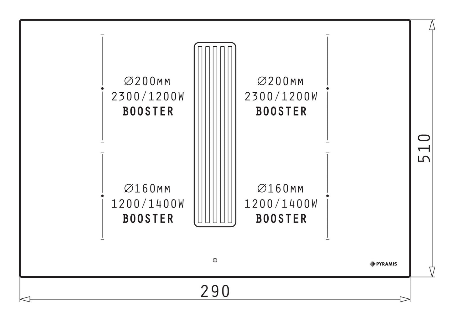 Ansamblu down air Pyramis ABYSSO, 580m³/h, Clasa A, plita inductie, 78cm, 4 zone de gatit, Power Management, Black Glass - EpicHome.ro