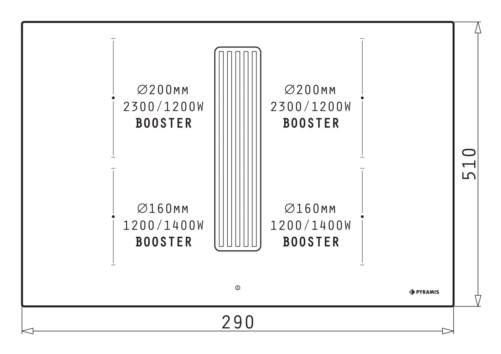 Ansamblu down air Pyramis ABYSSO, 580m³/h, Clasa A, plita inductie, 78cm, 4 zone de gatit, Power Management, Black Glass - EpicHome.ro
